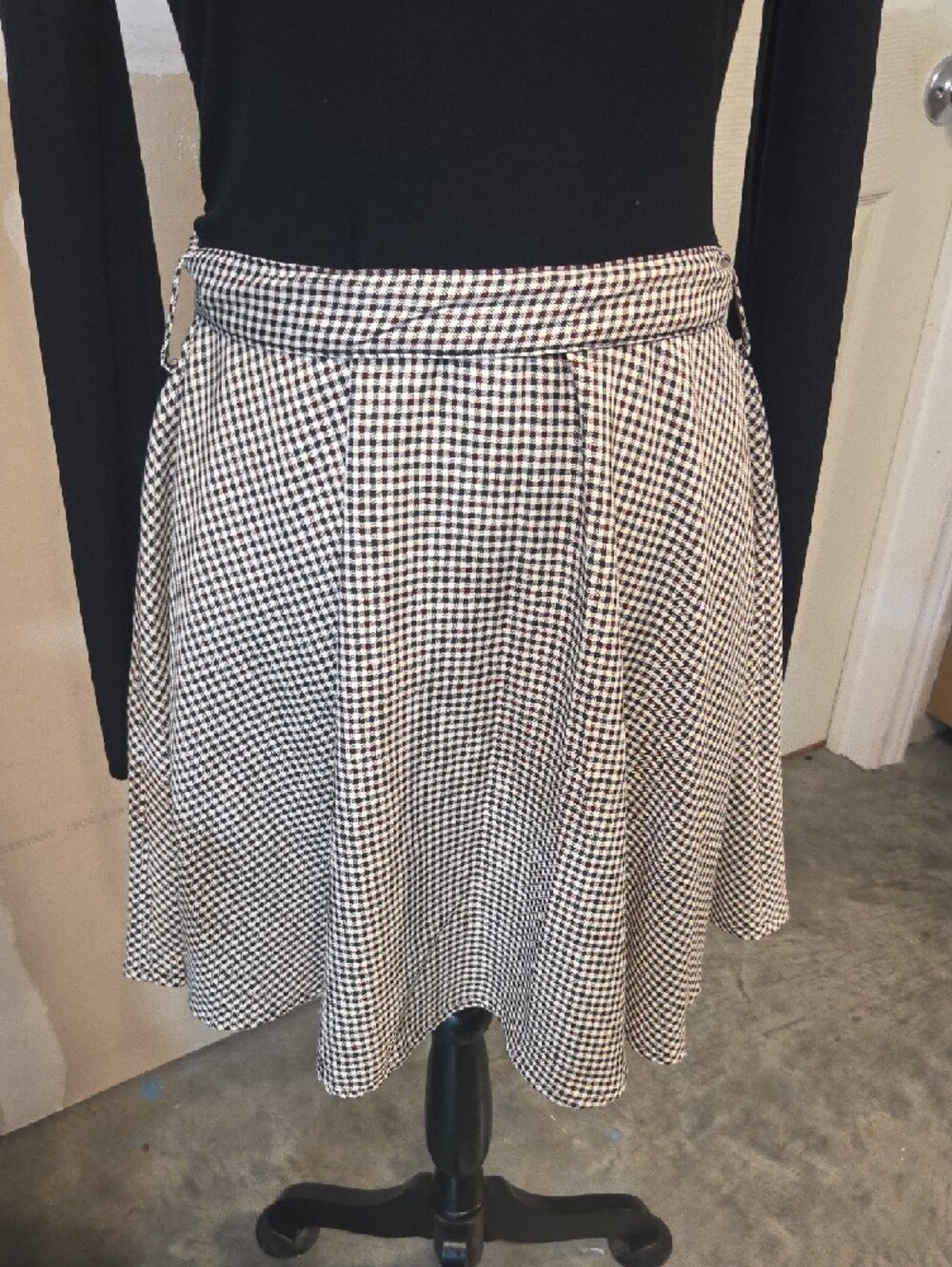 Black & White Gingham Circle Skirt Skater Dress Mini Jersey Bodice Long Sleeve - Picture 3 of 13